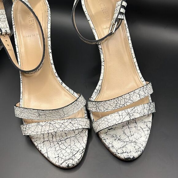 J Crew Size 9 Crackled Ankle Strap High Heel Leather Sandals White Black Marble - Picture 9 of 9